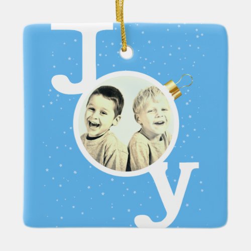Joy bauble text on sky blue Christmas Holiday Ceramic Ornament