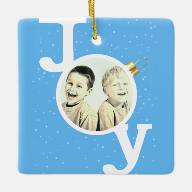 Joy bauble text on sky blue Christmas Holiday Ceramic Ornament (Front)