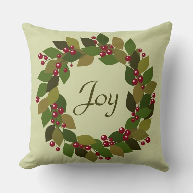 Joy | Berries and Leaves Wreath | You Customize Throw Pillow (Front)