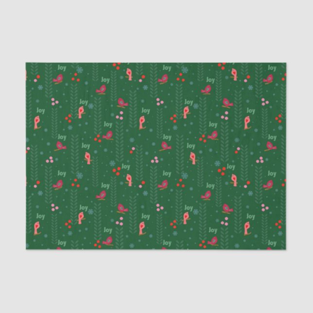 Joy birds Christmas green Tissue Paper (Front)