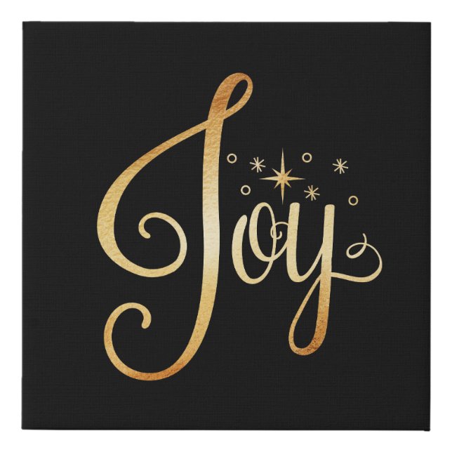 “Joy” Black Gold Script Elegant Chic Holiday Faux Canvas Print (Front)
