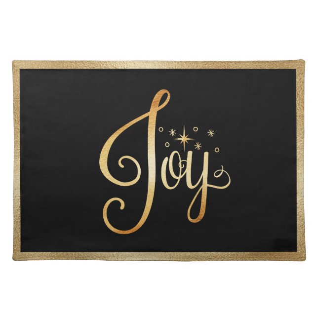 “Joy” Black Gold Script Elegant Christmas Holiday  Cloth Placemat (Front)