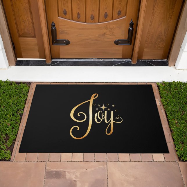 Joy” Black Gold Script Elegant Christmas Holiday Doormat (Outdoor)