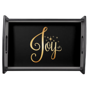 “Joy” Black Gold Script Elegant Christmas Holiday  Serving Tray