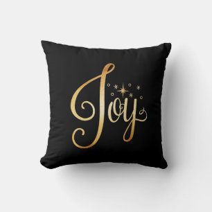 “Joy” Black Gold Script Elegant Holiday Seasonal Throw Pillow