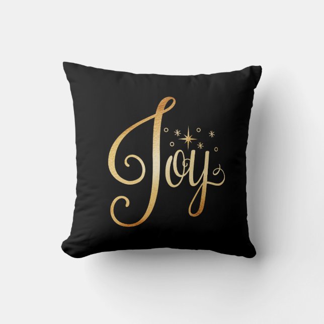 “Joy” Black Gold Script Elegant Holiday Seasonal Throw Pillow (Front)