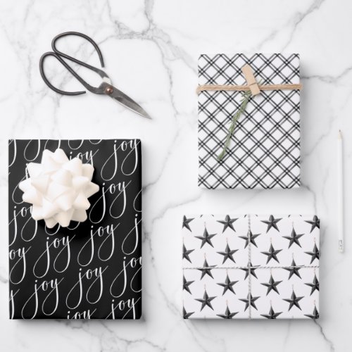 Joy Black Plaid Star Pattern Christmas Wrapping Paper Sheets