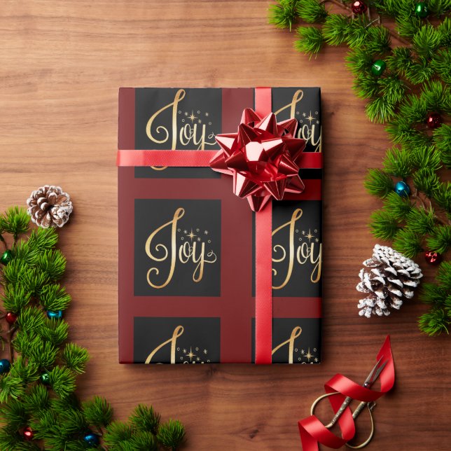 “Joy” Black Red Gold Script Elegant Holiday Wrapping Paper (Holiday Gift)
