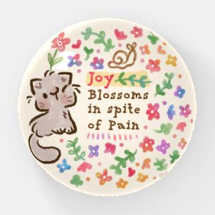 Joy Blossoms In Spite of Pain - Pebble the Kitten Paperweight