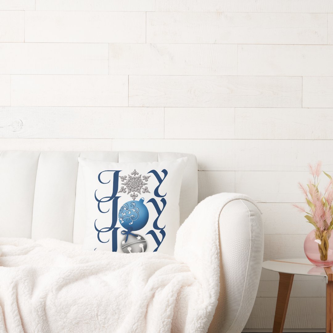 Joy (blue) Christmas Throw Pillow Zazzle