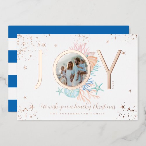 Joy Blue Coastal Christmas Beach Seashell Photo Foil Holiday Card