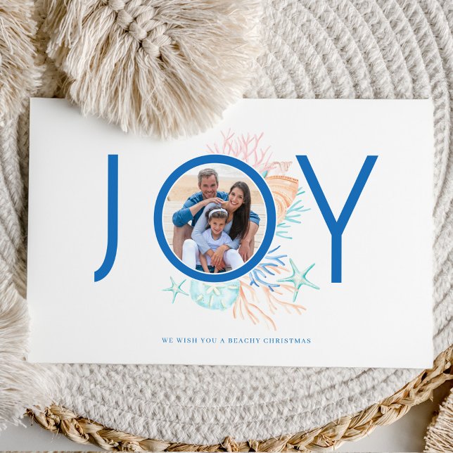 Joy Blue Coastal Christmas Beach Seashell Photo Holiday Card (Joy Blue Coastal Christmas Beach Seashell Photo Holiday Card)