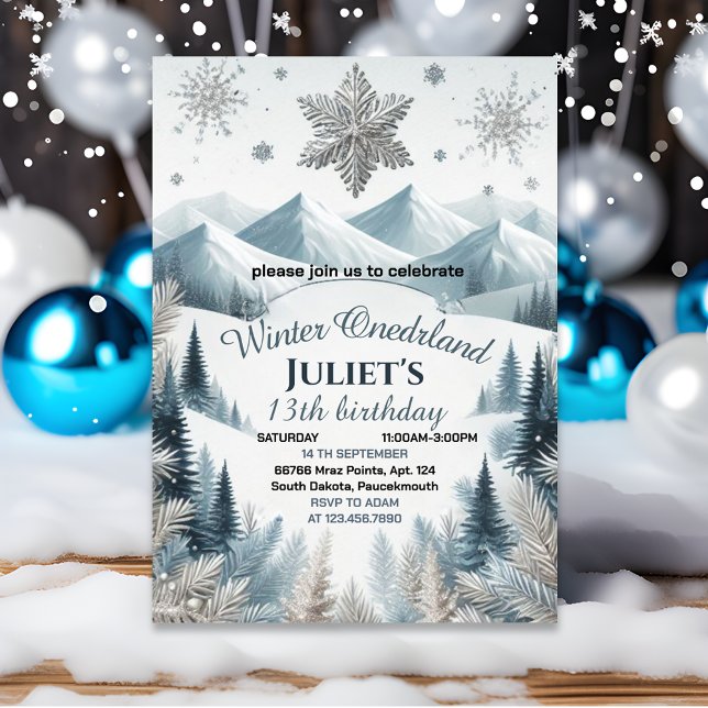 joy blue girl snow Winter Onederland 13th birthday Invitation (Creator Uploaded)