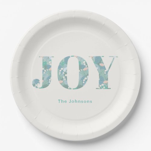 JOY Blue Green Foliage Christmas Paper Plate