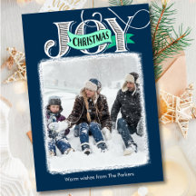 JOY Blue Modern Bold Script Simple Photo Christmas