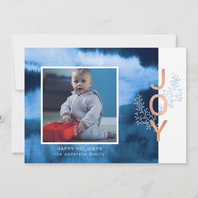 Joy | Blue Watercolor Wash Holiday Photo Card (Front)