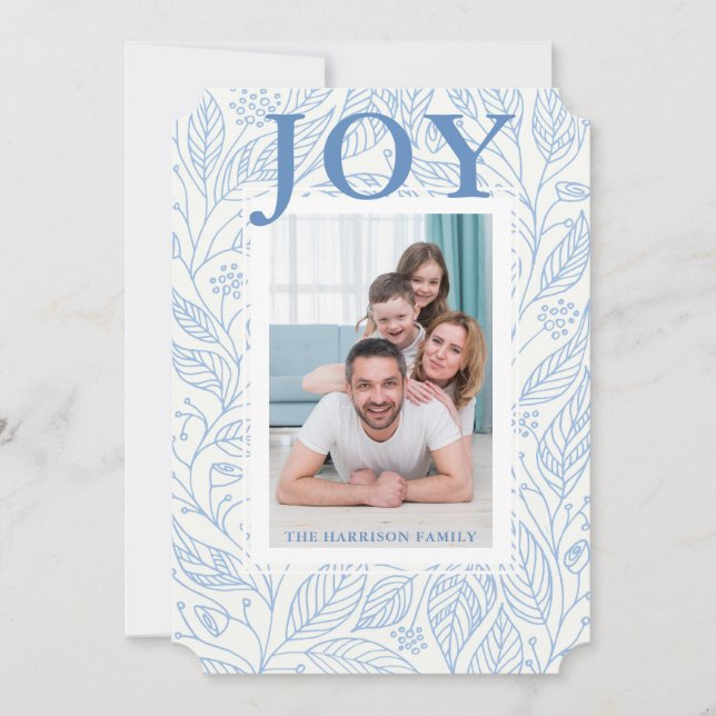 Joy Blue White Floral Personalized Photo Holiday Card (Front)