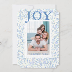 Joy Blue White Floral Personalized Photo Holiday Card