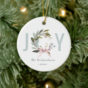 Joy Blush Blue Green Winter Christmas Wreath Photo Ceramic Ornament
