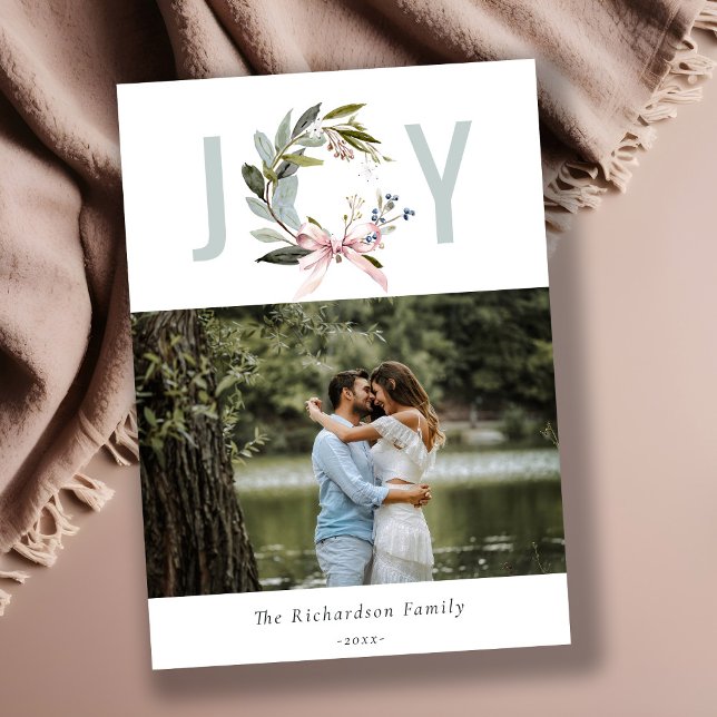 Joy Blush Blue Green Winter Christmas Wreath Photo Holiday Card (Creator Uploaded)