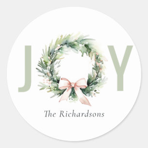 Joy Blush Green Christmas Wreath Watercolor Classic Round Sticker