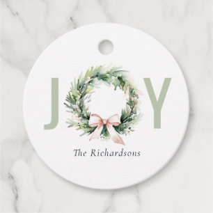 Joy Blush Green Christmas Wreath Watercolor Favor Tags