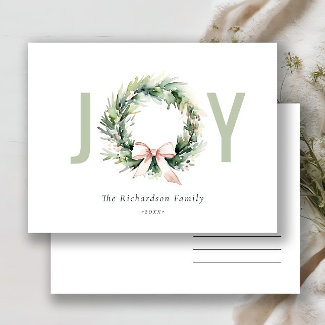 Joy Blush Green Christmas Wreath Watercolor Holiday Postcard (Creator Uploaded)