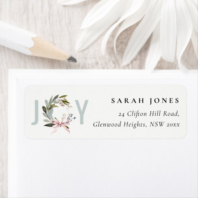 Joy Blush Green Winter Christmas Wreath Address Label (Insitu)