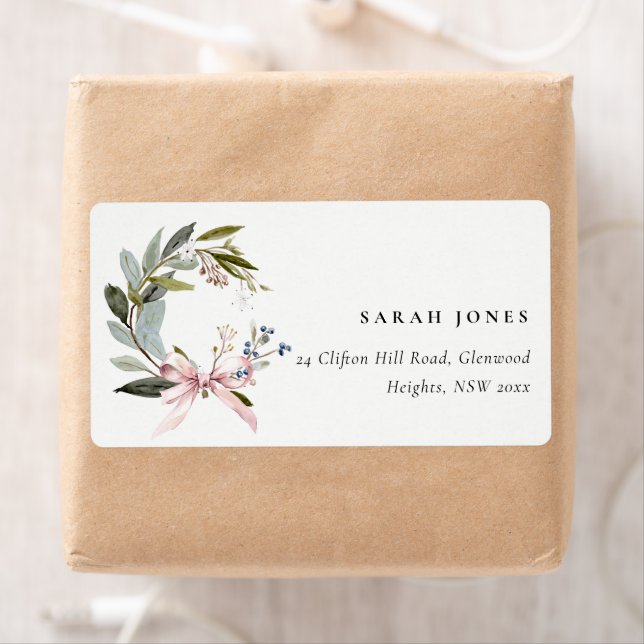 Joy Blush Green Winter Christmas Wreath Address Label (Insitu)