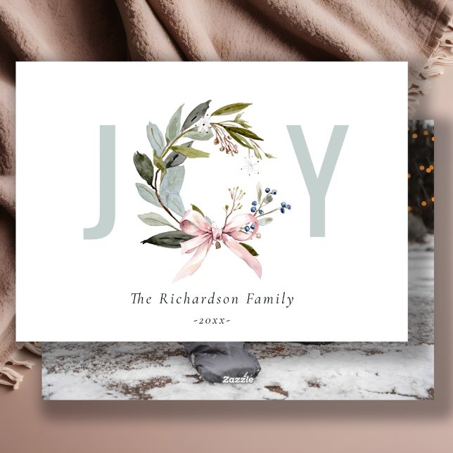 Joy Blush Green Winter Christmas Wreath Photo Holiday Card (Creator Uploaded)