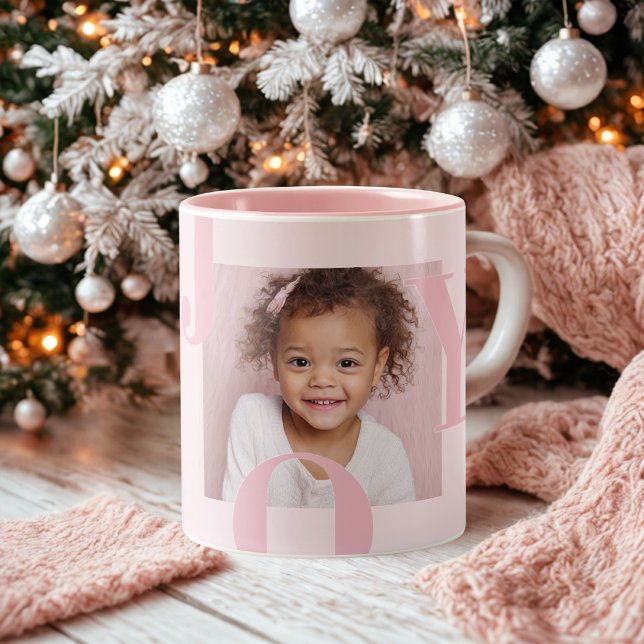 JOY Blush Pink Christmas | Personalized Photo Two-Tone Coffee Mug (Creator Uploaded)