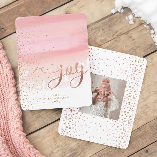 Joy  Blush Watercolor Ombre Wash Snowflakes Photo Holiday Card