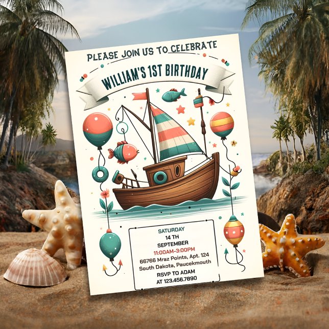 joy boat cute boy Fish ofishally one 1st Birthday Invitation (Creator Uploaded)