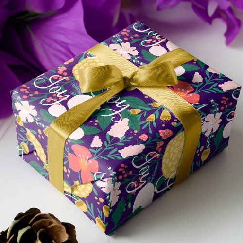 Joy Botanical Floral Festive Garden Pattern Purple Wrapping Paper