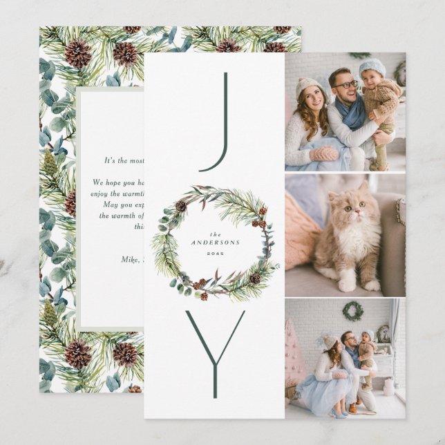 JOY Botanical Pine Wreath Photo Collage Christmas  Holiday Card (Front/Back)