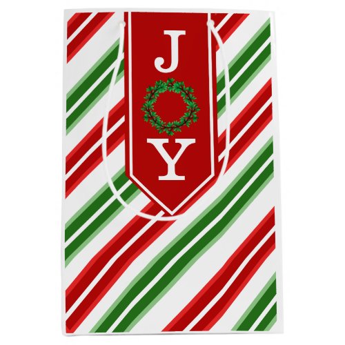 Joy Boxwood Wreath  Christmas Stripes Medium Gift Bag