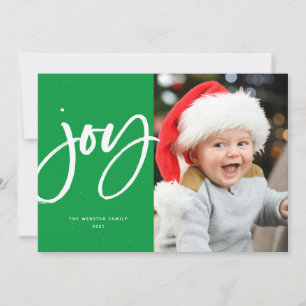 Joy brush script modern green one-photo Christmas Holiday Card