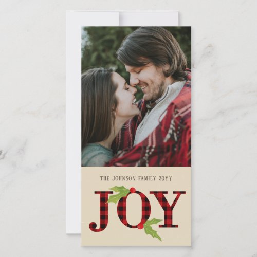 Joy Buffalo Check Rustic Plaid Christmas Photo Holiday Card