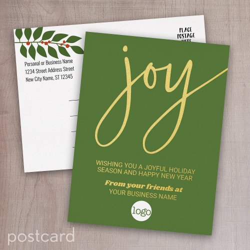 Joy Business Christmas Greeting Green Leaves Gold Foil Holiday Postcard