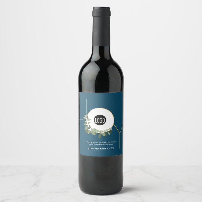 Joy Business Logo Happy Holidays Blue Wine Label (Front)