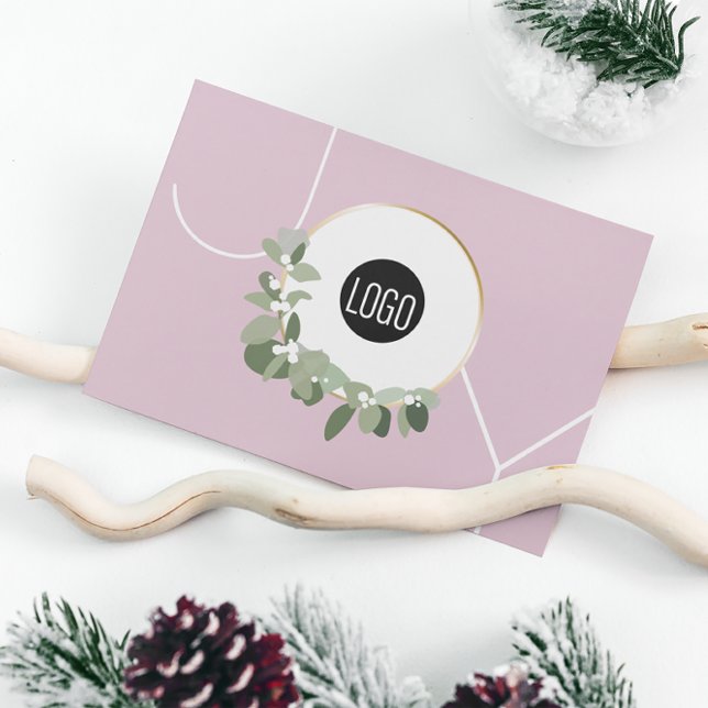 Joy Business Logo Happy Holidays Pink Holiday Card (Chic, simple, JOY business pink  holiday cards)