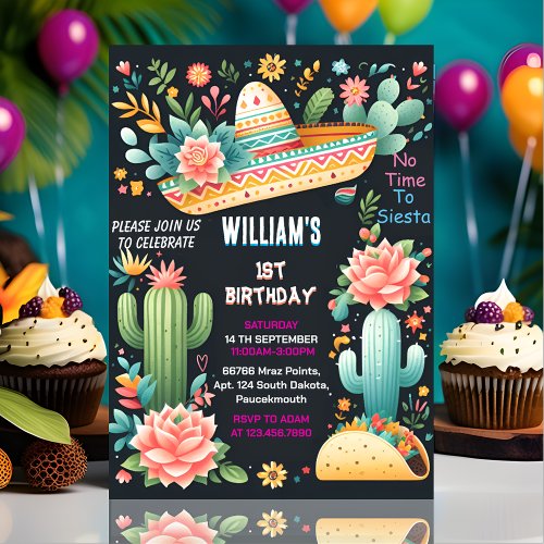 joy cactus cute uno taco first fiesta 1st Birthday Invitation