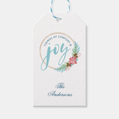 Joy Calligraphy  Christmas Wreath Poinsettia Gift Tags