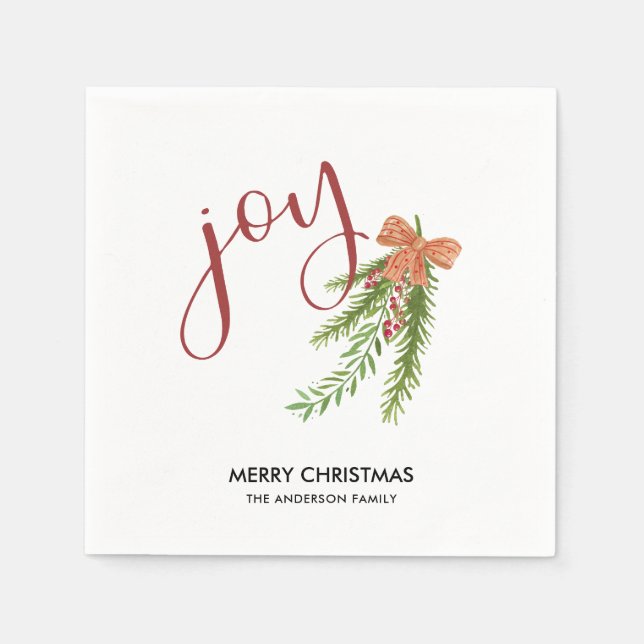 Joy Calligraphy I Watercolor Christmas Greens Paper Napkins (Front)
