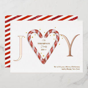 Joy Candy Cane Heart & Stars Minimalist Christmas Foil Holiday Card