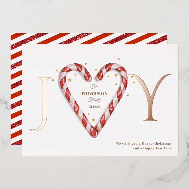 Joy Candy Cane Heart & Stars Minimalist Christmas Foil Holiday Card (Front/Back)