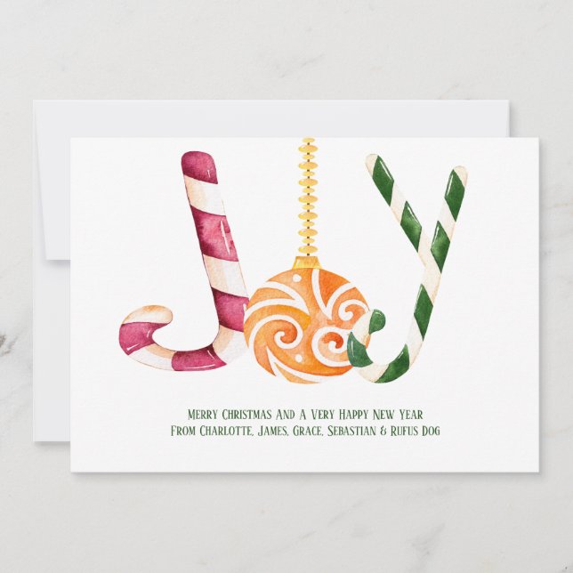 Joy Candy Cane Photo Personalized Christmas Holiday Card (Front)