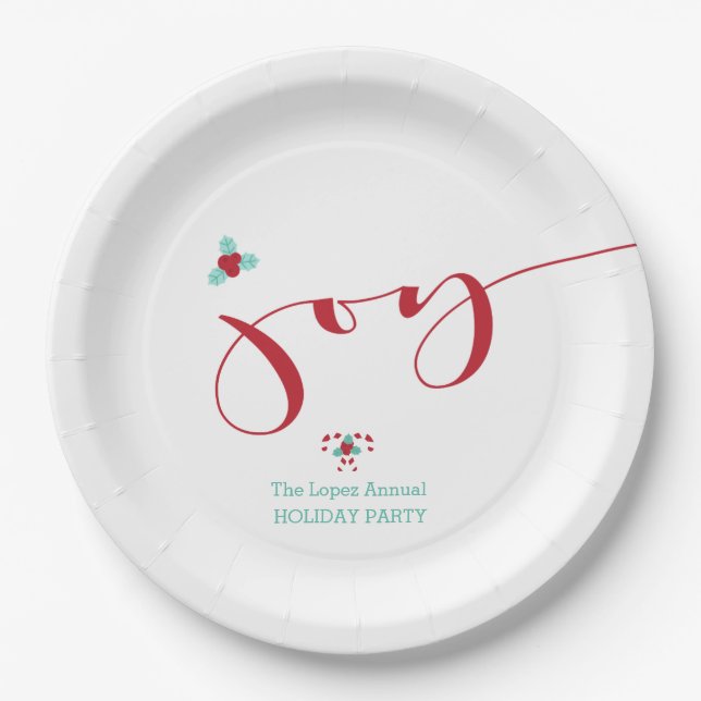 Joy! Candy Canes and Holly Paper Plates (Front)