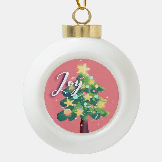 Joy Caption Carton Christmas Tree Pink Ornament (Front)