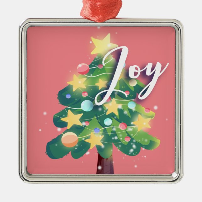 Joy Carton Christmas Tree Pink  Metal Ornament (Front)